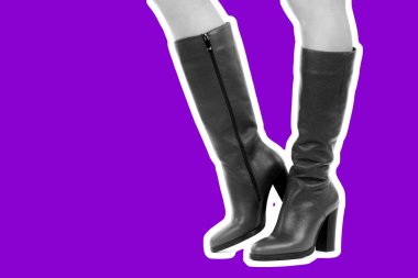 Bayan giysi ayakkabısı. Uzun ince kadın bacakları yüksek topuklu uzun çizmeler giyer. Fotokopi alanı olan moda modeli. Klasik ve günlük kıyafet konsepti. Detaylı yakın çekim stüdyo çekimi Magazin tarzı moda kolajı