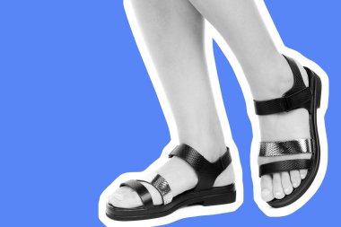 Bayan giysi ayakkabısı. Deri sandalet giyen uzun ince kadın bacakları. Fotokopi alanı olan moda modeli. Klasik ve günlük kıyafet konsepti. Ayrıntılı yakın çekim stüdyo çekimi. Dergi tarzı moda kolajı