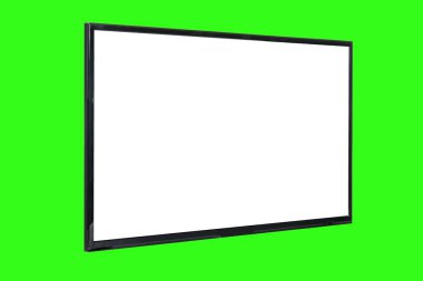 Modern yüksek çözünürlüklü televizyon. Lcd düz ekran, boş beyaz ekran, soyut yeşil krom anahtar arka planda izole. Teknoloji ve 4K televizyon reklam konsepti. Ayrıntılı stüdyo kapanışı