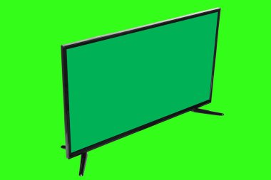Modern yüksek çözünürlüklü televizyon. Lcd düz ekran, boş yeşil ekran, soyut bulanık krom anahtar arkaplan izole. Teknoloji ve 4K televizyon reklam konsepti. Ayrıntılı stüdyo kapanışı