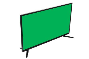 Modern yüksek çözünürlüklü televizyon. Lcd düz ekran, boş yeşil renkli ekran, soyut, bulanık beyaz arka planda izole edilmiş. Teknoloji ve 4K televizyon reklam konsepti. Ayrıntılı stüdyo kapanışı