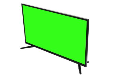 Modern yüksek çözünürlüklü televizyon. Lcd düz ekran, boş yeşil renkli ekran, soyut, bulanık beyaz arka planda izole edilmiş. Teknoloji ve 4K televizyon reklam konsepti. Ayrıntılı stüdyo kapanışı