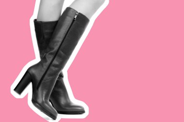 Bayan giysi ayakkabısı. Uzun ince kadın bacakları yüksek topuklu uzun çizme giyer. Fotokopi alanı olan moda modeli. Klasik ve günlük kıyafet konsepti. Ayrıntılı yakın çekim stüdyo çekimi. Dergi tarzı moda kolajı
