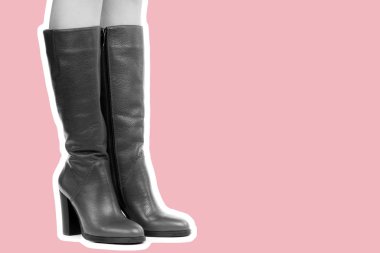 Bayan giysi ayakkabısı. Uzun ince kadın bacakları yüksek topuklu uzun çizme giyer. Fotokopi alanı olan moda modeli. Klasik ve günlük kıyafet konsepti. Ayrıntılı yakın çekim stüdyo çekimi. Dergi tarzı moda kolajı