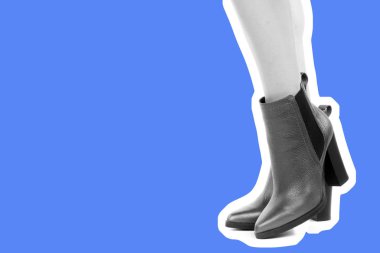 Bayan giysi ayakkabısı. Uzun ince kadın bacakları yüksek topuklu ayakkabı giyiyor. Fotokopi alanı olan moda modeli. Klasik ve günlük kıyafet konsepti. Ayrıntılı yakın çekim stüdyo çekimi. Dergi tarzı moda kolajı