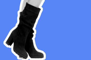 Bayan giysi ayakkabısı. Uzun ince kadın bacakları yüksek topuklu uzun çizme giyer. Fotokopi alanı olan moda modeli. Klasik ve günlük kıyafet konsepti. Ayrıntılı yakın çekim stüdyo çekimi. Dergi tarzı moda kolajı