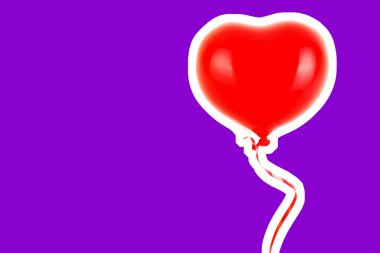 Kırmızı lastik şişme kalp şeklinde balon. Aşk, ilişki, sevgililer günü ve doğum günü kutlaması konsepti. Boş kopya alanı olan dergi tarzı moda kolajı