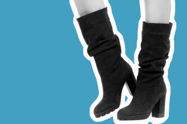 Bayan giysi ayakkabısı. Uzun ince kadın bacakları yüksek topuklu uzun çizme giyer. Fotokopi alanı olan moda modeli. Klasik ve günlük kıyafet konsepti. Ayrıntılı yakın çekim stüdyo çekimi. Dergi tarzı moda kolajı