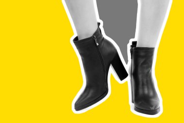 Bayan giysi ayakkabısı. Uzun ince kadın bacakları yüksek topuklu ayakkabı giyer. Fotokopi alanı olan moda modeli. Klasik ve günlük kıyafet konsepti. Ayrıntılı yakın çekim stüdyo çekimi. Dergi tarzı moda kolajı