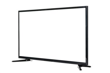 Modern yüksek çözünürlüklü televizyon. Lcd düz ekran ve boş ekran, soyut bulanık beyaz arkaplan üzerinde izole. Teknoloji ve 4K televizyon reklam konsepti. Ayrıntılı stüdyo kapanışı