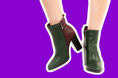 Bayan giysi ayakkabısı. Uzun ince kadın bacakları yüksek topuklu ayakkabı giyer. Fotokopi alanı olan moda modeli. Klasik ve günlük kıyafet konsepti. Ayrıntılı yakın çekim stüdyo çekimi. Dergi tarzı moda kolajı