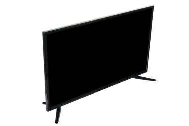 Modern yüksek çözünürlüklü televizyon. Lcd düz ekran, boş siyah ekran, soyut, bulanık beyaz zemin üzerinde izole. Teknoloji ve 4K televizyon reklam konsepti. Ayrıntılı stüdyo kapanışı