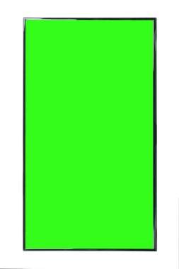 Modern yüksek çözünürlüklü televizyon. Lcd düz ekran, boş yeşil renkli ekran, soyut, bulanık beyaz arka planda izole edilmiş. Teknoloji ve 4K televizyon reklam konsepti. Ayrıntılı stüdyo kapanışı