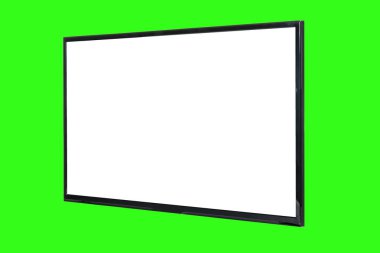 Modern yüksek çözünürlüklü televizyon. Lcd düz ekran, boş beyaz ekran, soyut yeşil krom anahtar arka planda izole. Teknoloji ve 4K televizyon reklam konsepti. Ayrıntılı stüdyo kapanışı
