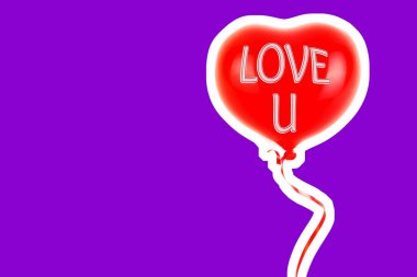Kırmızı lastik şişme kalp şeklinde balon. Aşk, ilişki, sevgililer günü ve doğum günü kutlaması konsepti. Boş kopya alanı olan dergi tarzı moda kolajı