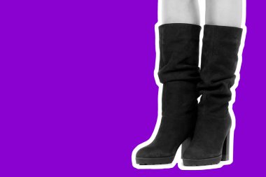 Bayan giysi ayakkabısı. Uzun ince kadın bacakları yüksek topuklu uzun çizme giyer. Fotokopi alanı olan moda modeli. Klasik ve günlük kıyafet konsepti. Ayrıntılı yakın çekim stüdyo çekimi. Dergi tarzı moda kolajı