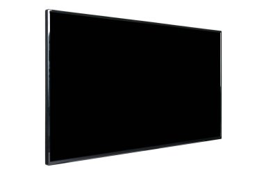 Modern yüksek çözünürlüklü televizyon. Lcd düz ekran, boş siyah renkli ekran, soyut, bulanık beyaz arkaplan üzerinde izole. Teknoloji ve 4K televizyon reklam konsepti. Ayrıntılı stüdyo kapanışı