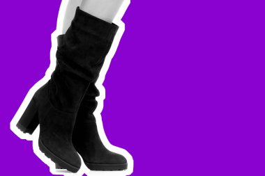 Bayan giysi ayakkabısı. Uzun ince kadın bacakları yüksek topuklu uzun çizme giyer. Fotokopi alanı olan moda modeli. Klasik ve günlük kıyafet konsepti. Ayrıntılı yakın çekim stüdyo çekimi. Dergi tarzı moda kolajı