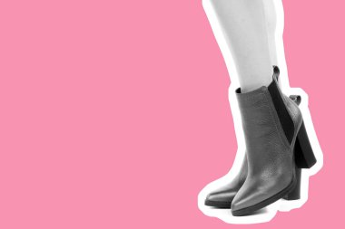 Bayan giysi ayakkabısı. Yüksek topuklu ayakkabı giyen uzun ince kadın bacakları. Fotokopi alanı olan moda modeli. Klasik ve günlük kıyafet konsepti. Ayrıntılı yakın çekim stüdyo çekimi. Dergi tarzı moda kolajı