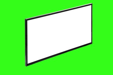 Modern yüksek çözünürlüklü televizyon. Lcd düz ekran, boş beyaz ekran, soyut yeşil krom anahtar arka planda izole. Teknoloji ve 4K televizyon reklam konsepti. Ayrıntılı stüdyo kapanışı