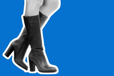 Bayan giysi ayakkabısı. Uzun ince kadın bacakları yüksek topuklu uzun çizmeler giyer. Fotokopi alanı olan moda modeli. Klasik ve günlük kıyafet konsepti. Detaylı yakın çekim stüdyo çekimi Magazin tarzı moda kolajı