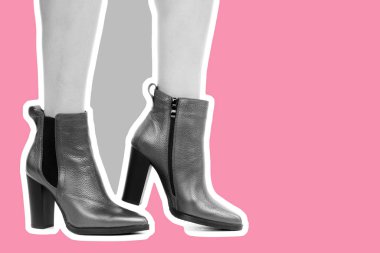 Bayan giysi ayakkabısı. Uzun ince kadın bacakları yüksek topuklu ayakkabı giyer. Fotokopi alanı olan moda modeli. Klasik ve günlük kıyafet konsepti. Ayrıntılı yakın çekim stüdyo çekimi. Dergi tarzı moda kolajı