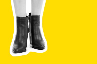 Bayan giysi ayakkabısı. Yüksek topuklu ayakkabı giyen uzun ince kadın bacakları. Fotokopi alanı olan moda modeli. Klasik ve günlük kıyafet konsepti. Ayrıntılı yakın çekim stüdyo çekimi. Dergi tarzı moda kolajı