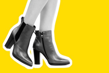 Bayan giysi ayakkabısı. Yüksek topuklu ayakkabı giyen uzun ince kadın bacakları. Fotokopi alanı olan moda modeli. Klasik ve günlük kıyafet konsepti. Ayrıntılı yakın çekim stüdyo çekimi. Dergi tarzı moda kolajı