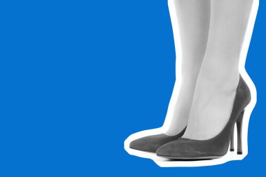 Bayan giysi ayakkabısı. Yüksek topuklu ayakkabı giyen uzun ince kadın bacakları. Fotokopi alanı olan moda modeli. Klasik ve günlük kıyafet konsepti. Ayrıntılı yakın çekim stüdyo çekimi. Dergi tarzı moda kolajı