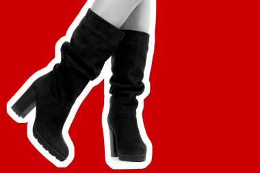 Bayan giysi ayakkabısı. Uzun ince kadın bacakları yüksek topuklu uzun çizme giyer. Fotokopi alanı olan moda modeli. Klasik ve günlük kıyafet konsepti. Ayrıntılı yakın çekim stüdyo çekimi. Dergi tarzı moda kolajı