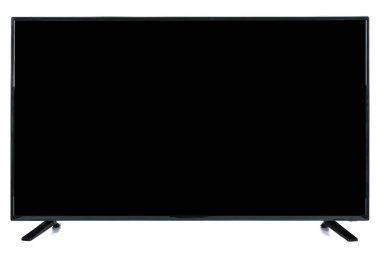 Modern yüksek çözünürlüklü televizyon. Lcd düz ekran, boş siyah renkli ekran, soyut, bulanık beyaz arkaplan üzerinde izole. Teknoloji ve 4K televizyon reklam konsepti. Ayrıntılı stüdyo kapanışı