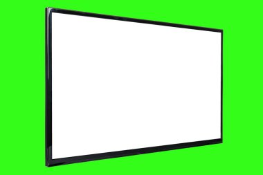 Modern yüksek çözünürlüklü televizyon. Lcd düz ekran, boş kromakey ekran, soyut, bulanık yeşil arkaplan üzerinde izole. Teknoloji ve 4K televizyon reklam konsepti. Ayrıntılı stüdyo kapanışı