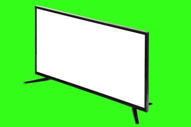 Modern yüksek çözünürlüklü televizyon. Lcd düz ekran, boş beyaz ekran, soyut yeşil krom anahtar arka planda izole. Teknoloji ve 4K televizyon reklam konsepti. Ayrıntılı stüdyo kapanışı