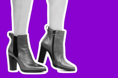 Bayan giysi ayakkabısı. Uzun ince kadın bacakları yüksek topuklu ayakkabı giyer. Fotokopi alanı olan moda modeli. Klasik ve günlük kıyafet konsepti. Ayrıntılı yakın çekim stüdyo çekimi. Dergi tarzı moda kolajı