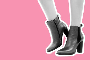 Bayan giysi ayakkabısı. Uzun ince kadın bacakları yüksek topuklu ayakkabı giyer. Fotokopi alanı olan moda modeli. Klasik ve günlük kıyafet konsepti. Ayrıntılı yakın çekim stüdyo çekimi. Dergi tarzı moda kolajı