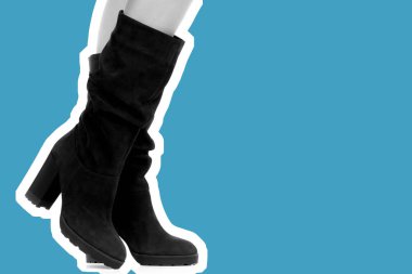 Bayan giysi ayakkabısı. Uzun ince dişinin bacakları yüksek topuklu uzun çizmeler giyer. Fotokopi alanı olan moda modeli. Klasik ve günlük kıyafet konsepti. Ayrıntılı yakın çekim stüdyo çekimi. Dergi tarzı moda kolajı