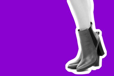 Bayan giysi ayakkabısı. Yüksek topuklu ayakkabı giyen uzun ince kadın bacakları. Fotokopi alanı olan moda modeli. Klasik ve günlük kıyafet konsepti. Ayrıntılı yakın çekim stüdyo çekimi. Dergi tarzı moda kolajı