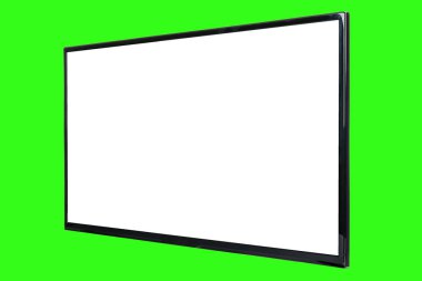 Modern yüksek çözünürlüklü televizyon. Lcd düz ekran, boş kromakey ekran, soyut, bulanık yeşil arkaplan üzerinde izole. Teknoloji ve 4K televizyon reklam konsepti. Ayrıntılı stüdyo kapanışı