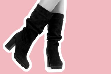 Bayan giysi ayakkabısı. Uzun ince kadın bacakları yüksek topuklu uzun çizme giyer. Fotokopi alanı olan moda modeli. Klasik ve günlük kıyafet konsepti. Ayrıntılı yakın çekim stüdyo çekimi. Dergi tarzı moda kolajı