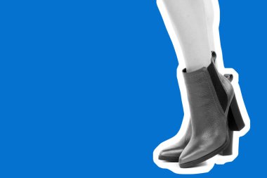 Bayan giysi ayakkabısı. Yüksek topuklu ayakkabı giyen uzun ince kadın bacakları. Fotokopi alanı olan moda modeli. Klasik ve günlük kıyafet konsepti. Ayrıntılı yakın çekim stüdyo çekimi. Dergi tarzı moda kolajı