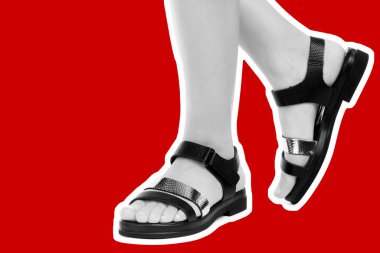 Bayan giysi ayakkabısı. Deri sandalet giyen uzun ince kadın bacakları. Fotokopi alanı olan moda modeli. Klasik ve günlük kıyafet konsepti. Detaylı yakın çekim stüdyo çekimi Magazin tarzı moda kolajı