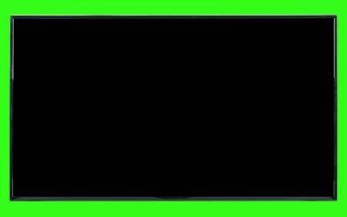Modern yüksek çözünürlüklü televizyon. Lcd düz ekran, boş siyah renkli ekran, soyut, bulanık yeşil arkaplan üzerinde izole. Teknoloji ve 4K televizyon reklam konsepti. Ayrıntılı stüdyo kapanışı