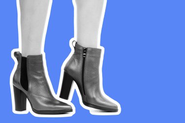 Bayan giysi ayakkabısı. Uzun ince kadın bacakları yüksek topuklu ayakkabı giyer. Fotokopi alanı olan moda modeli. Klasik ve günlük kıyafet konsepti. Ayrıntılı yakın çekim stüdyo çekimi. Dergi tarzı moda kolajı