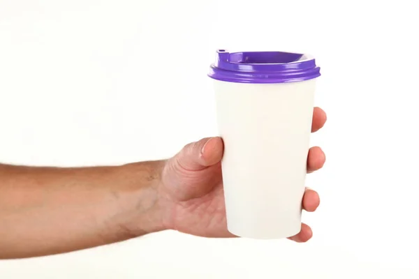 Die Menschliche Hand Hält Eine Leere Kaffeetasse Aus Papier Mit — Stockfoto