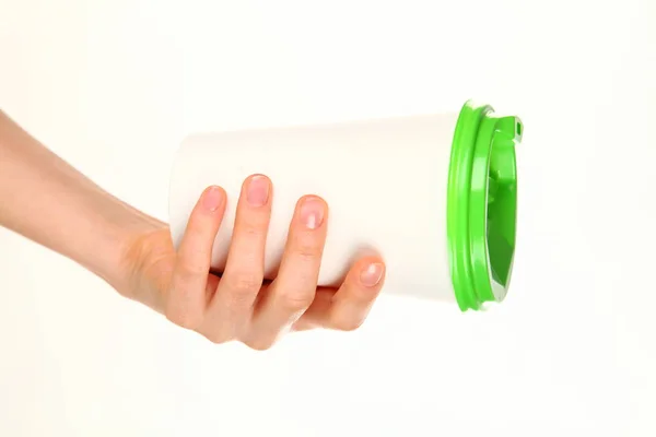 Human Hand Holds Blank Paper Coffee Cup Plastic Cap Concept — 스톡 사진