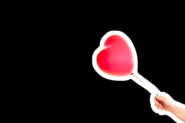 Female Hand Holds Red Rubber Inflatable Heart Shape Balloon Love — 스톡 사진