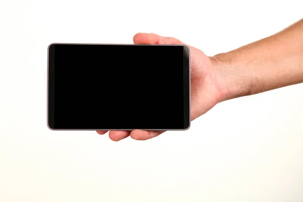 Mänsklig Hand Håller Modern Smartphone Med Blank Kromakey Skärm Handflata — Stockfoto
