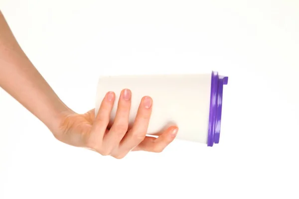 Human Hand Holds Blank Paper Coffee Cup Plastic Cap Concept — 스톡 사진