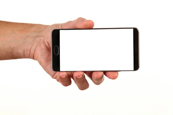 Human Hand Holds Modern Smartphone Blank Chromakey Screen Palm Technology — Stock Photo, Image