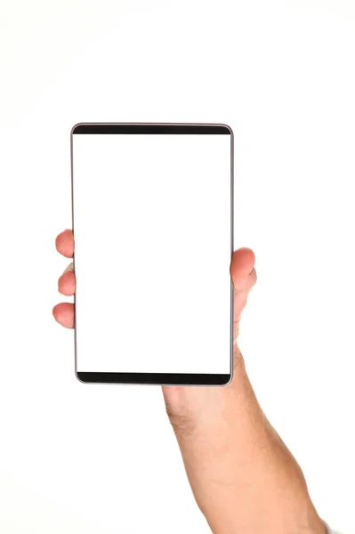 Mänsklig Hand Håller Modern Smartphone Med Blank Kromakey Skärm Handflata — Stockfoto